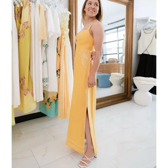 MON RENN scenic dress in mango Yellow Maxi Dress with Floral Detail NEW